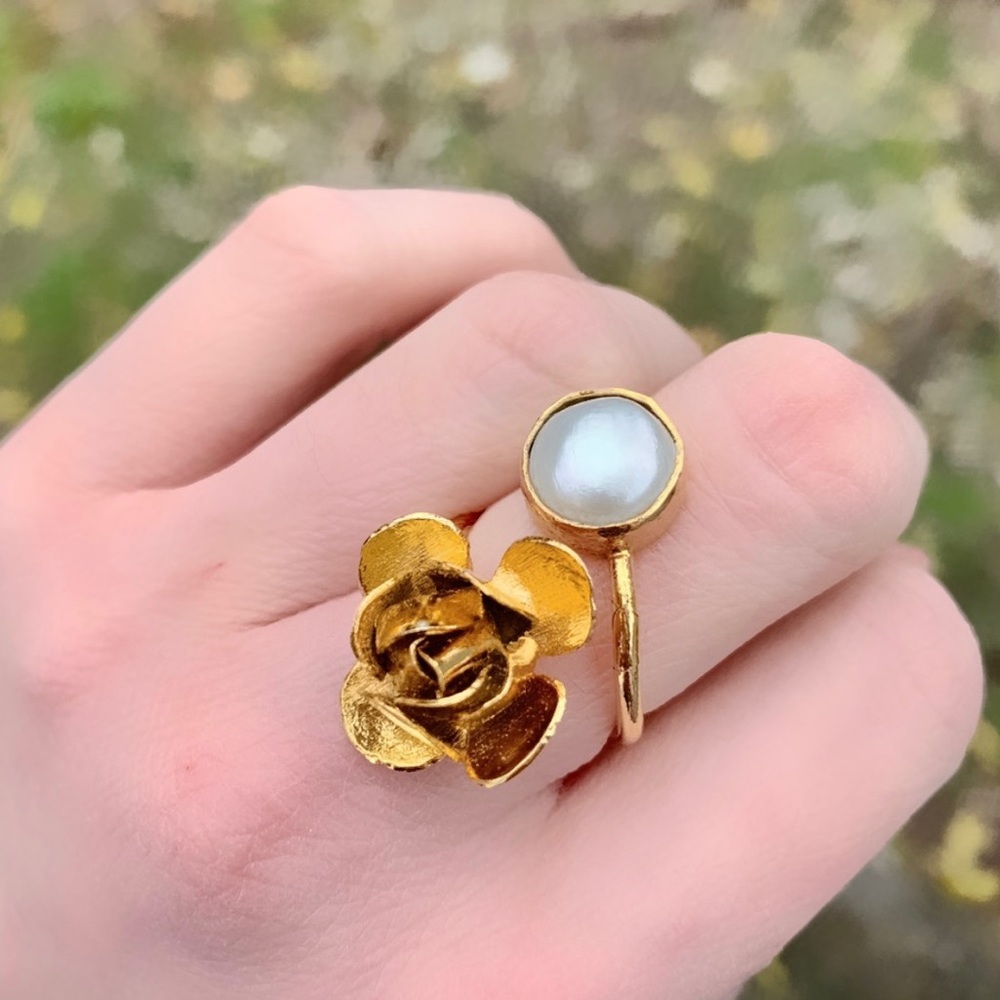 14k Gold Plated Rose & Pearl Adjustable Ring